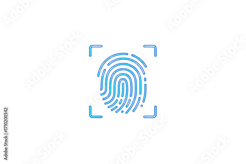 Minimal vector illustration of digital fingerprint icon in blue scan frame, isolated on white background for security, biometric, and technology design concepts