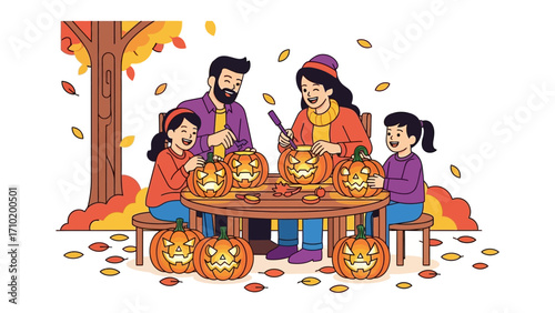 Halloween Pumpkin Carving: A family carves pumpkins together in preparation for Halloween, crafting spooky faces and creating a memorable autumn tradition.