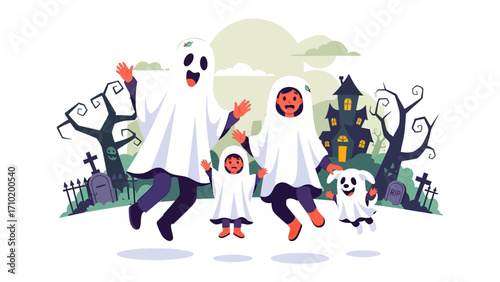 Halloween Ghost Family: A cheerful family, donned in whimsical ghost costumes, leaps with joyous anticipation in front of a spooktacular haunted house setting.