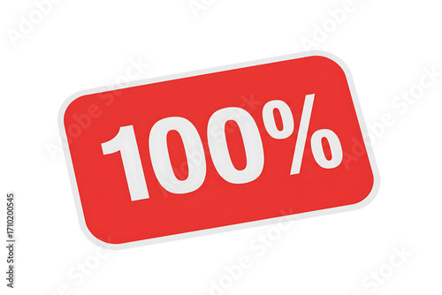 Bold red 100% label icon with clear typography, isolated on white background for promotional offers, discounts, and sales advertising designs.