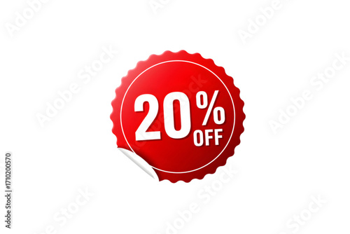 Red circular badge with bold 20% OFF text in white, isolated on white background for discount, promotion, and retail marketing designs
