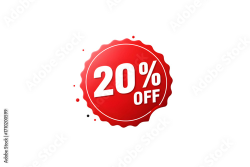 Glossy red circular sticker with 20% OFF text, isolated on white background for promotional campaigns, sales, and e-commerce marketing.