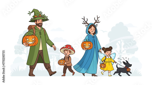 Halloween Adventure: A family of five, embracing the Halloween spirit with costumes and a joyful atmosphere as they collect treats.
