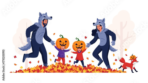 Family Halloween Celebration: A family dressed in adorable wolf costumes happily celebrates Halloween among a vibrant pile of autumn leaves, creating a picture of joy and seasonal fun.