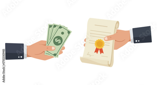 Handing over money and a certificate with a gold seal
