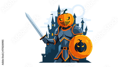 Pumpkin Knight of Halloween: A Halloween scene showcases a formidable pumpkin-headed knight, clad in shining armor, holding a sword and shield, with a spooky castle silhouette in the background.