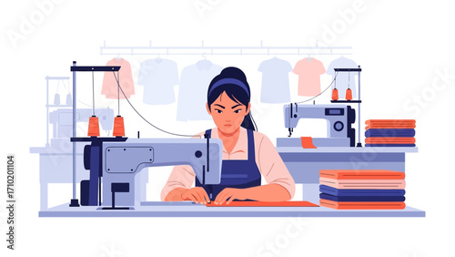 The Artisan's Workshop: A focused artisan skillfully operates a sewing machine, meticulously crafting a textile design within a well-organized atelier, surrounded by the tools of her trade.