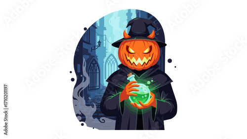 The Pumpkin Alchemist's Concoction: An illustrated alchemist, donned in a cloak and hat, clutches a glowing potion with a grinning pumpkin head set against a backdrop of a spectral city.