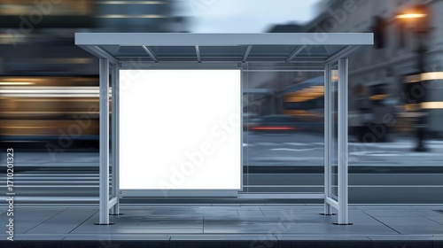 Modern bus stop blank billboard stands downtown in evening city, ready for advertisement placement, illuminated by streetlights and surrounded by blurred urban traffic.