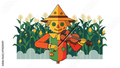 The Melodic Scarecrow: A whimsical scarecrow, brought to life in a vibrant illustration, plays a violin amidst a field of lush corn. Capture the essence of a beautiful harvest and rustic charm.