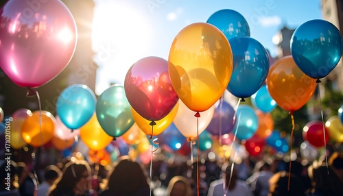 Colorful balloons fill the air above a crowd