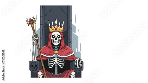 Skeletal King in Royal Regalia: A regal skeleton, adorned in a golden crown and flowing red cloak, commands from a throne, staff in hand, symbolizing dominion.