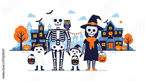 Halloween Family Fun: A cartoon family dressed in spooky costumes, ready to enjoy Halloween night, with jack-o'-lanterns, houses, and an owl create a spooky scene of Halloween