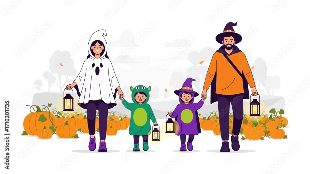 Φωτογραφία Halloween Family Fun: A vibrant illustration of a family dressed in festive costumes, happily trick-or-treating together on a crisp autumn day