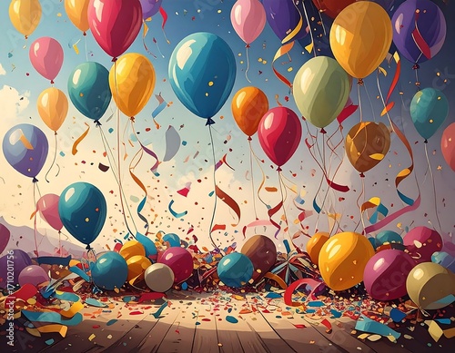 Colorful balloons and confetti fill the air over a party floor