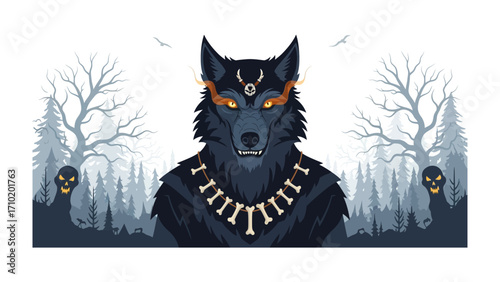 Mystical Wolf in Forest: A majestic wolf, adorned with symbolic accessories, gazes sternly from a serene forest backdrop, evoking a sense of ancient lore.