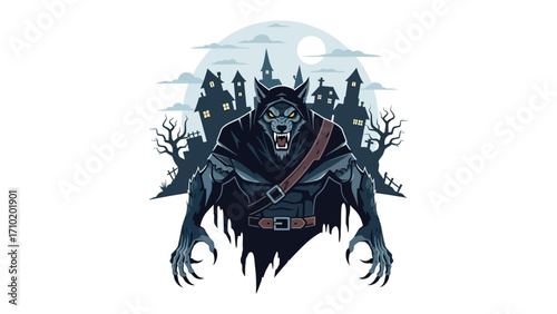 Werewolf Unleashed in Haunted Landscape: An ominous illustration depicts a fearsome werewolf emerging from a haunted landscape, embodying the primal essence of horror and the supernatural. 