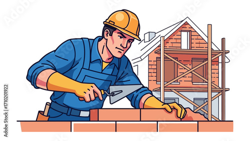 Construction of House: A skilled construction worker meticulously lays bricks, crafting a house, symbolizing the art of building and the foundation of dreams.