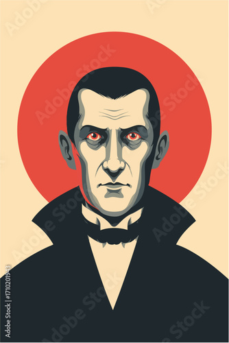 Vintage halloween Dracula poster illustration with vampire portrait in gothic retro horror art style