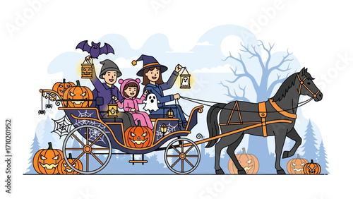 Halloween Carriage Adventure: A vibrant illustration of a family riding a horse-drawn carriage decorated for Halloween, filled with pumpkins, bats, and a spooky atmosphere.