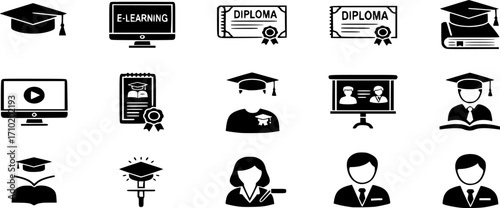 Education and learning icon set. E-learning, graduation, diploma, online class, presentation, student and teacher icon vector illustration