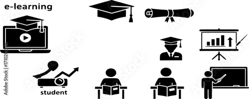 Education and learning icon set. E-learning, graduation, diploma, online class, presentation, student and teacher icon vector illustration