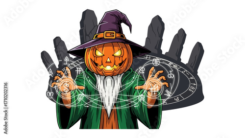 Enchanted Pumpkin Wizard: A whimsical pumpkin-headed wizard conjures magic, intricate patterns and ethereal energy emanate, perfect for Halloween or fantasy themes. 