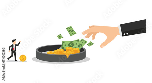 A large hand taking money from a small man near a coin