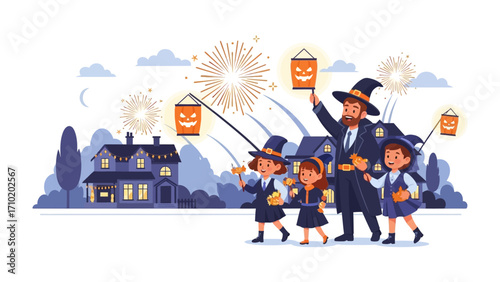 Halloween Night Procession: A family cheerfully parades down a street in a whimsical illustration, illuminated by jack-o'-lanterns against a backdrop of fireworks.