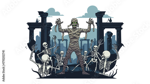 Mummy and Skeleton Illustration: A thrilling illustration of a mummified figure surrounded by eerie skeletons in a mysterious, ancient setting. Capturing a suspenseful vibe and supernatural fantasy.