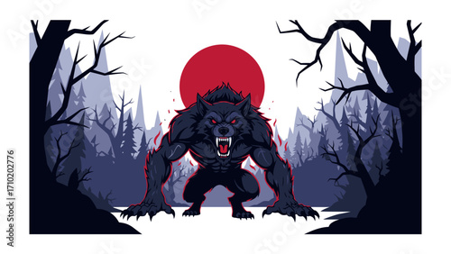 Werewolf Howling in Forest: The formidable werewolf, portrayed in a stylized illustration, stands powerfully against the backdrop of a full moon and a dense, shadowy forest.