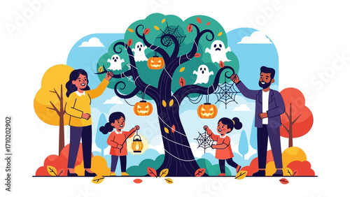 Family Halloween Preparation: A cheerful family, dressed in Halloween attire, decorates a festive tree adorned with pumpkins, ghosts, and spiderwebs, embodying the joy and togetherness of the holiday.