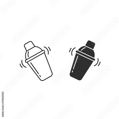 Illustration of two cocktail shakers, one in outline and one in solid black, , suggesting a mixology theme