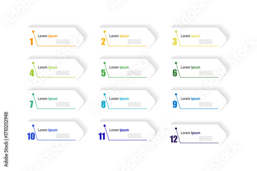 For business concept with 12 steps infographics, arrow shape with multicolor label, design for workflow layout, diagram, annual report, web design. vector illustration