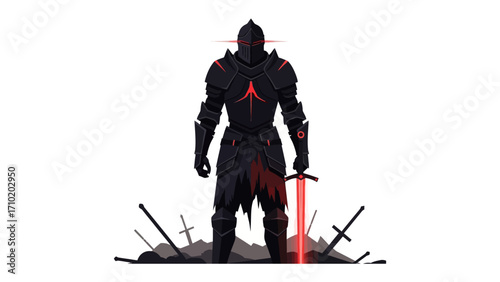 Undefeated Guardian: A stoic knight stands tall, enveloped in an ominous glow, grasping a glowing sword amidst the remnants of fallen blades, embodying a symbol of unwavering strength and resolve.