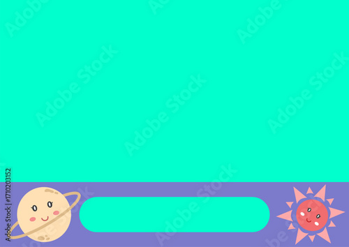 purple and green background with cute smiling Saturn and Sun