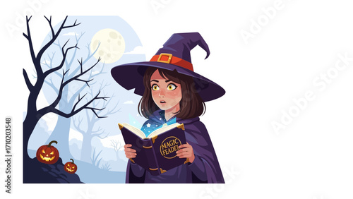Mystic Spell: A young witch, engrossed in her ancient spellbook, reveals a fantastical world, illuminated by an unseen magical force. The dark backdrop highlights a night of enchantment.