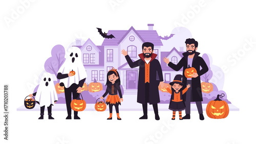 Halloween Festive Gathering: A group of individuals, dressed in costumes for Halloween, gather in front of a festive decorated house, ready for a night of trick-or-treating and celebratory fun. 