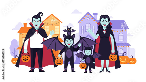 Spooky Family on Halloween Night: A vibrant illustration capturing a family's delightful Halloween festivities, dressed in striking costumes, ready for a night of trick-or-treating. 