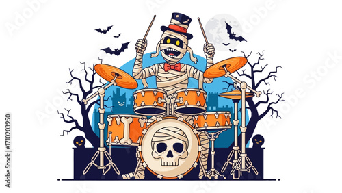 Spooky Drummer: A whimsical illustration of a mummy playing the drums during Halloween, creating a spooky and fun atmosphere with bats, a full moon, and silhouettes of bare trees in the background.