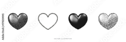 Heart icon set with stipple halftone effect. Social media elements. Love shape with dotted noise texture. Grainy gradient starburst shape collection. Vector illustration art