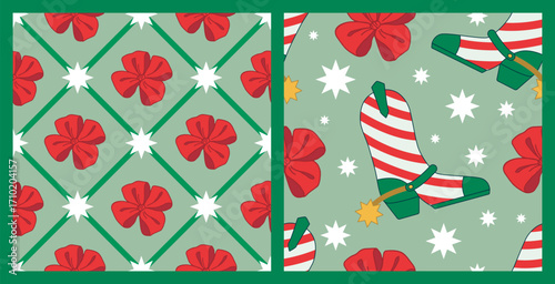 Cowgirl Christmas Seamless pattern set. Cowboy western theme, Boot like Christmas Candy canes, Bow in Red and Green Christmas Style. Hand-drawn vector print for Wrapping paper, New Year Party.