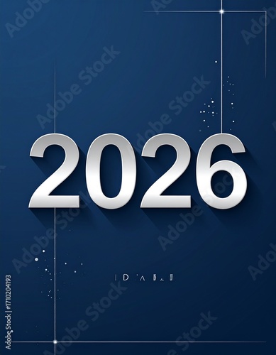 Ein modernes, minimalistisches Neujahrs-Design für 2026. Weiße und silberne Zahlen „2026“ auf schlichtem dunkelblauen Hintergrund