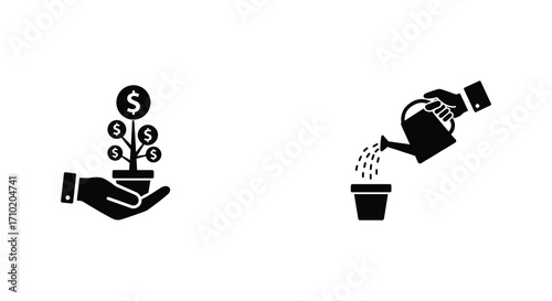 Growing money tree with hand and watering can icon set