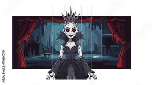 Mysterious Puppet Queen on Stage: An enigmatic puppet queen, adorned in dark attire and a regal crown, stands center stage. The image evokes a sense of suspense and fantasy.