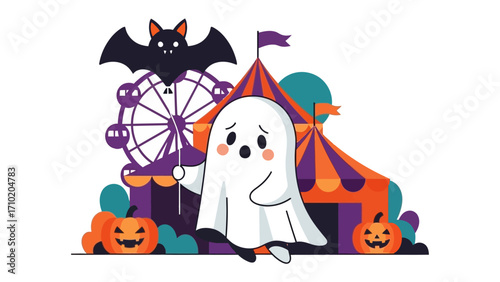 Spooky Halloween Illustration: A cute ghost happily wanders through a Halloween-themed amusement park, the scene complete with bat, pumpkins, ferris wheel and tent.