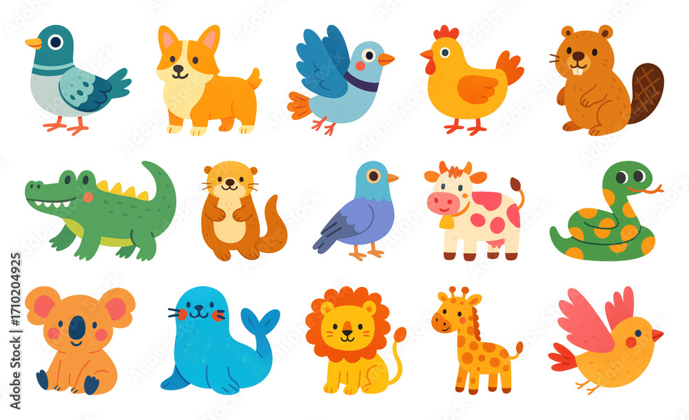 Obraz premium PNG Colorful cartoon animal illustrations, element set on transparent background