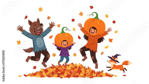 Autumn Delight: Playful children in adorable Halloween costumes frolic in a vibrant pile of autumn leaves. Cheerful atmosphere and delightful moment.