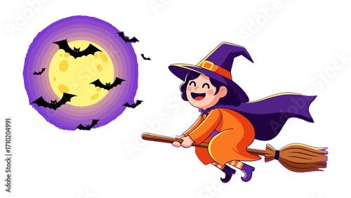 Halloween Witch on Broom: A cheerful witch, silhouetted against the backdrop of a glowing full moon and darting bats, flies high on her trusty broom, embodying the spirit of Halloween.