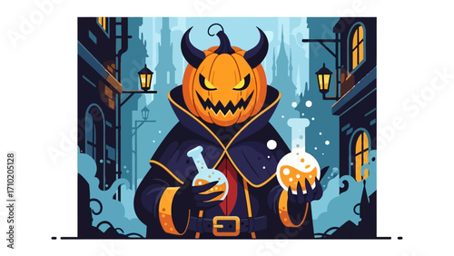Pumpkin Head Sorcerer: A cartoonish, Halloween-themed illustration, showcasing a spooky sorcerer with a pumpkin head, casting spells in a mysterious, moonlit alleyway.